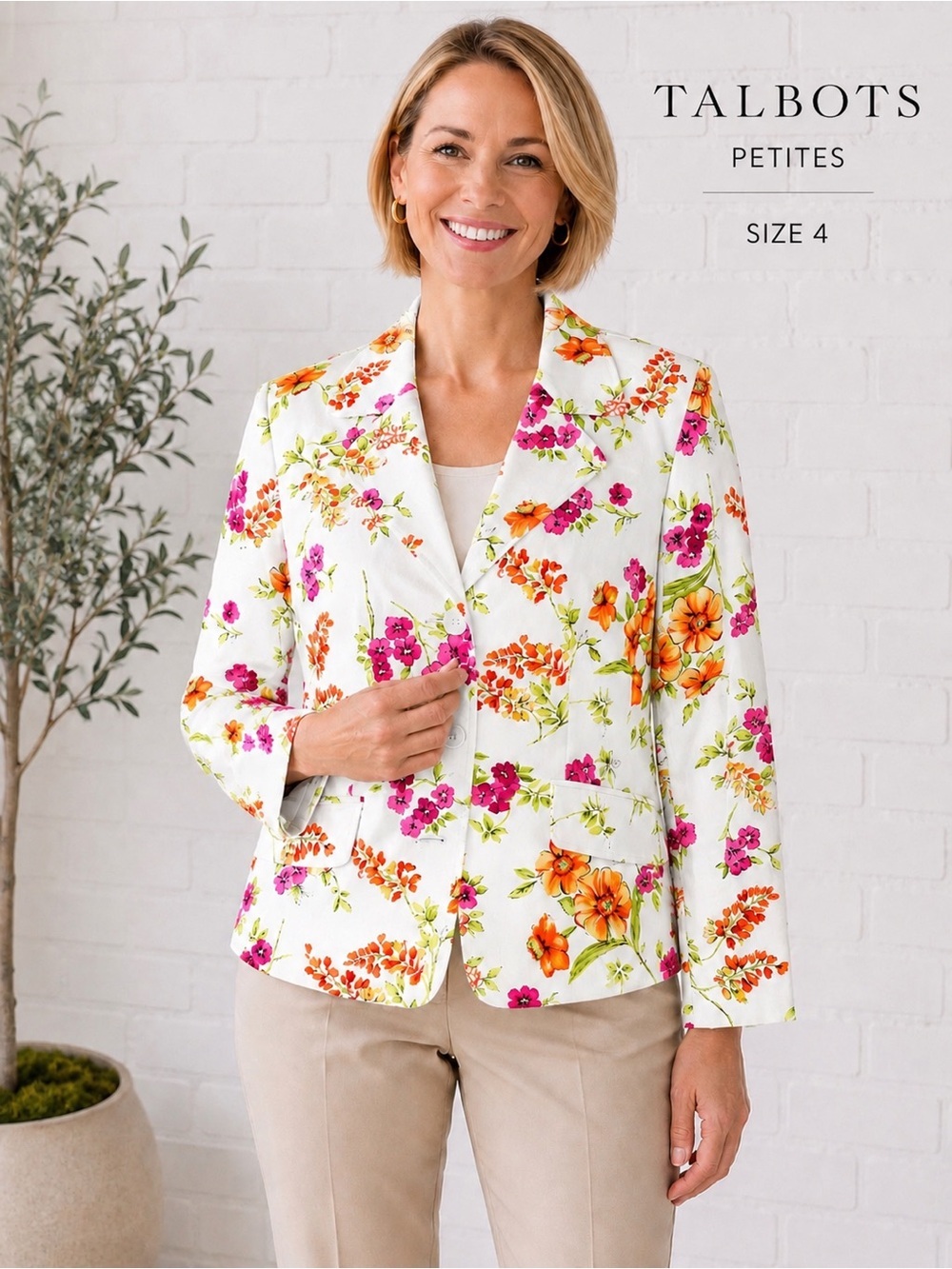 Talbots Petites Floral white Blazer Jacket cotton Spring Career Chic /size 4P